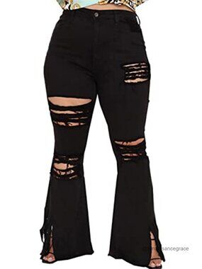 Plus Size Bell Bottom Jeans High Waisted Flared Denim Stretch Ripped